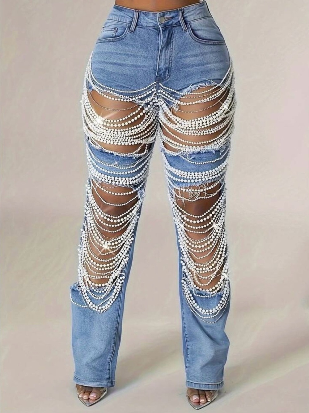 Y2K Pearl Beaded Draped Fringe LightWash High Rise Straight Leg Denim Jeans Sz S